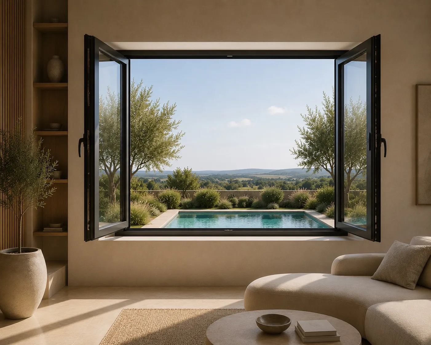 Floor-to-ceiling glazing opening a living space to a mountain view