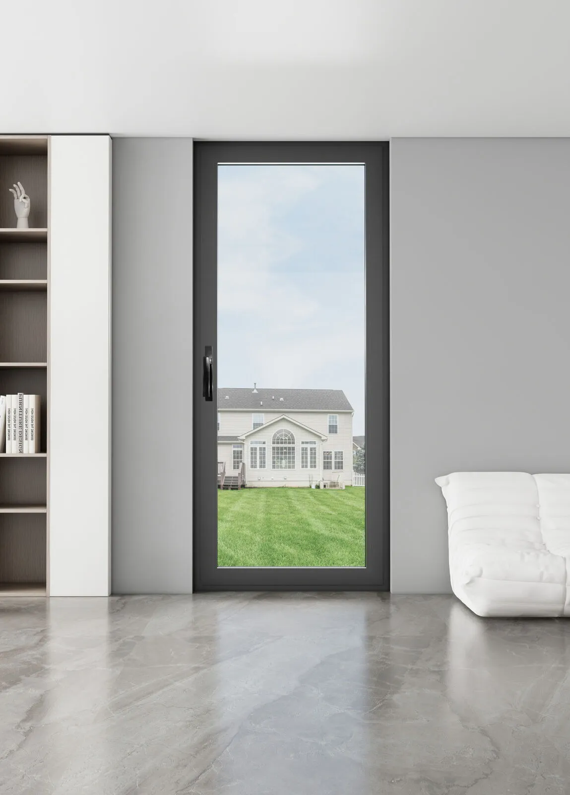 Slim dark casement window overlooking a garden from a bright living room