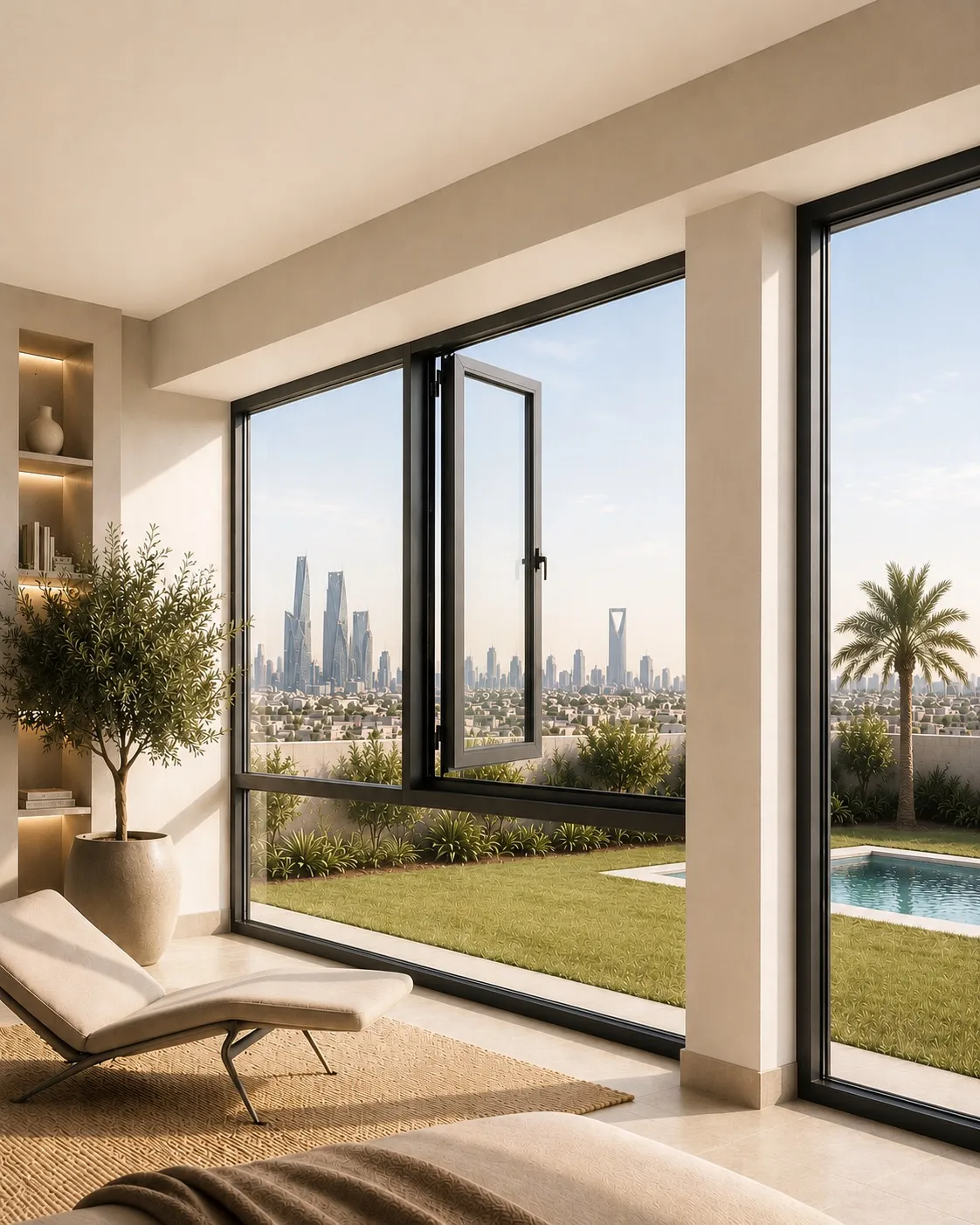 Slim dark casement window overlooking a garden from a bright living room
