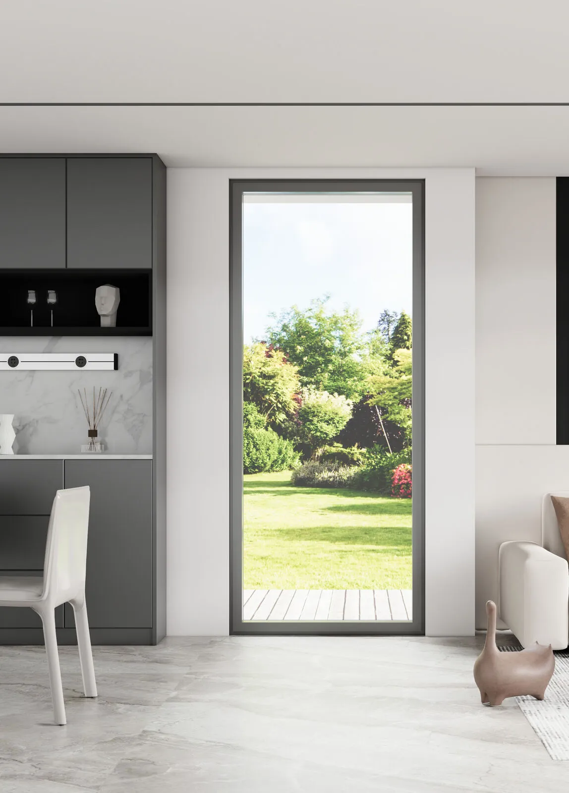 White minimalist villa exterior with slim-framed picture windows