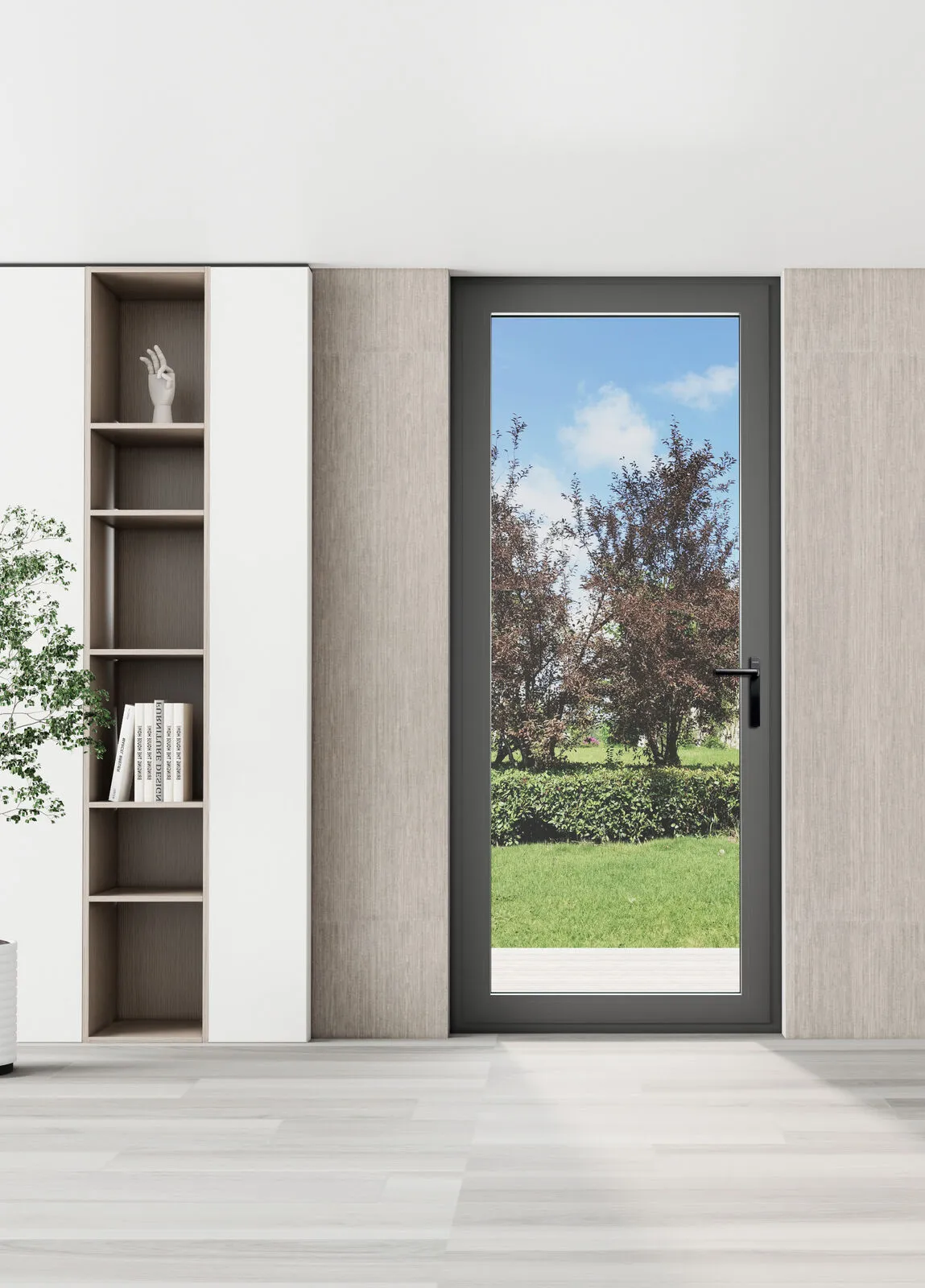 Tall bronze-framed casement door in a warm wood-panelled interior