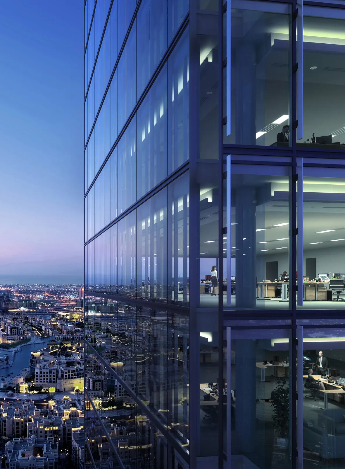 Night view through a frameless glass façade over city lights