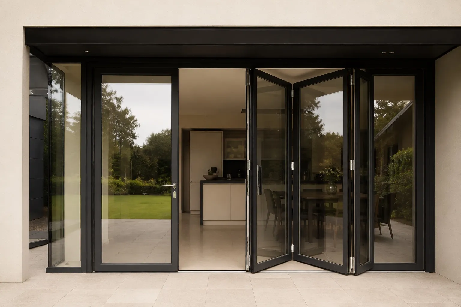 Black-framed bi-fold door partially opened in a modern kitchen