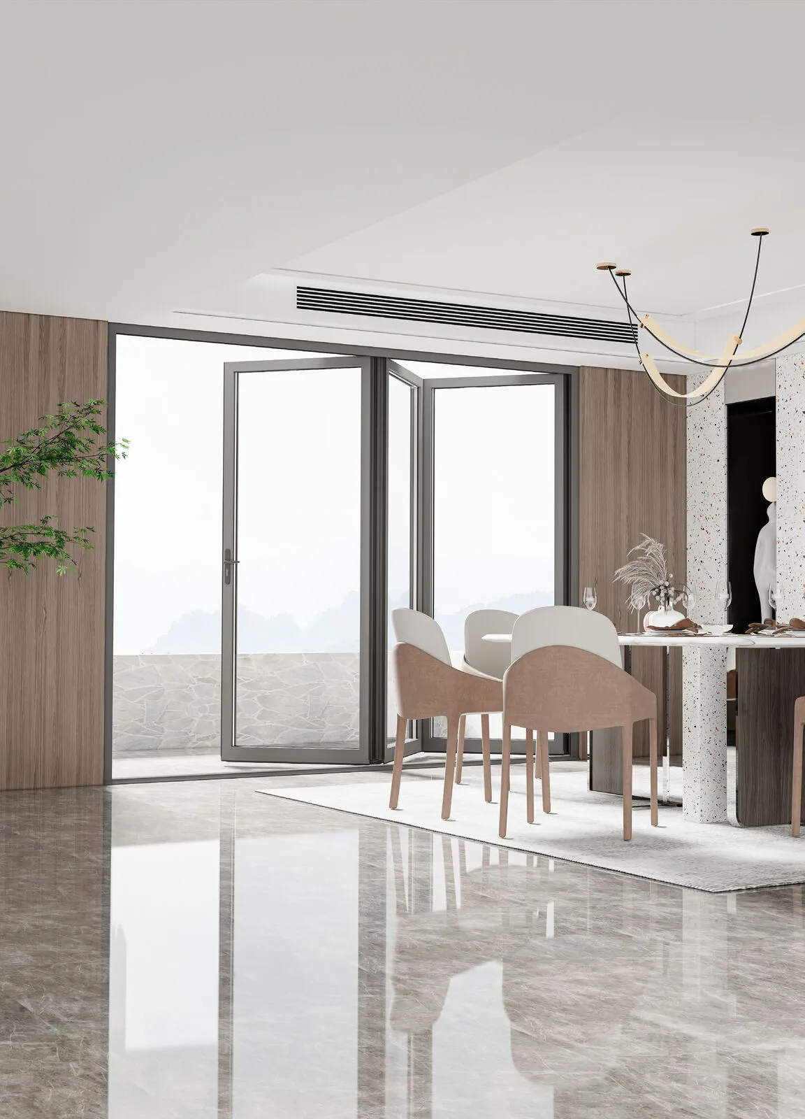 Folding glass doors opening a dining room onto a terrace