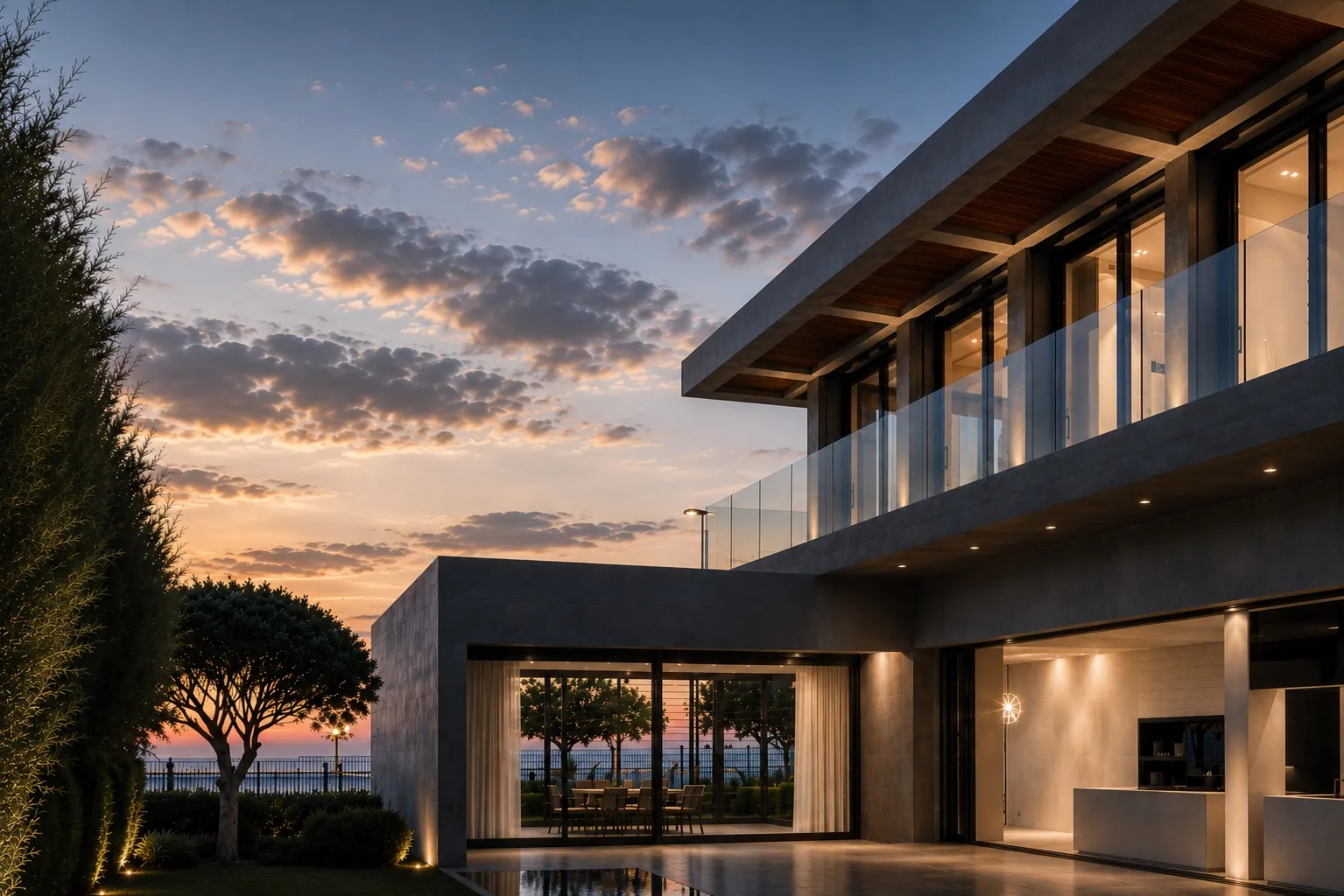 Modern villa at dusk, glazed with slim aluminium windows and doors