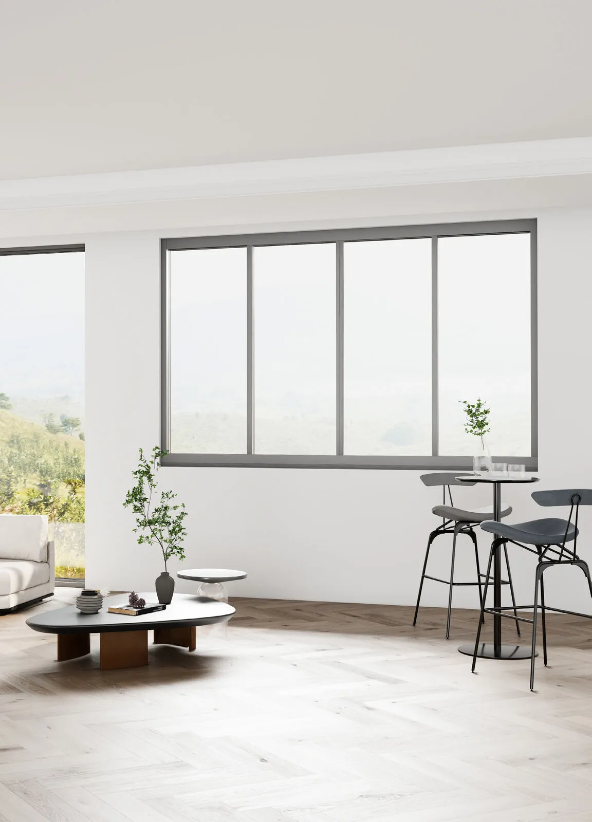 Interior sliding window with café-style seating along the sill
