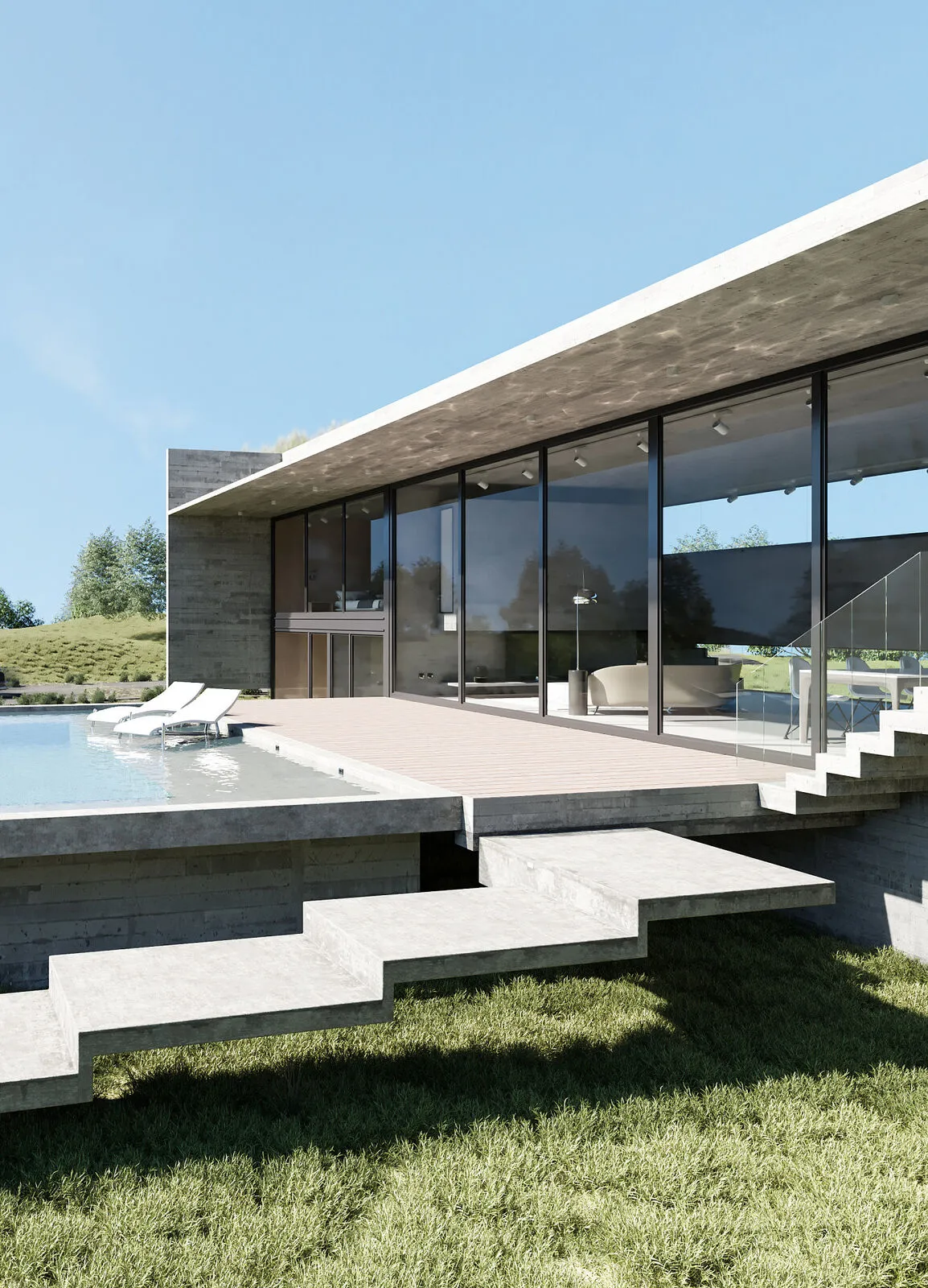 Modern villa with slim-framed sliding glazing beside a pool at dusk