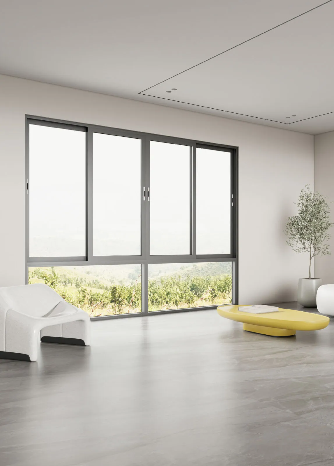 Wide sliding glazing framing a mountain landscape from a lounge
